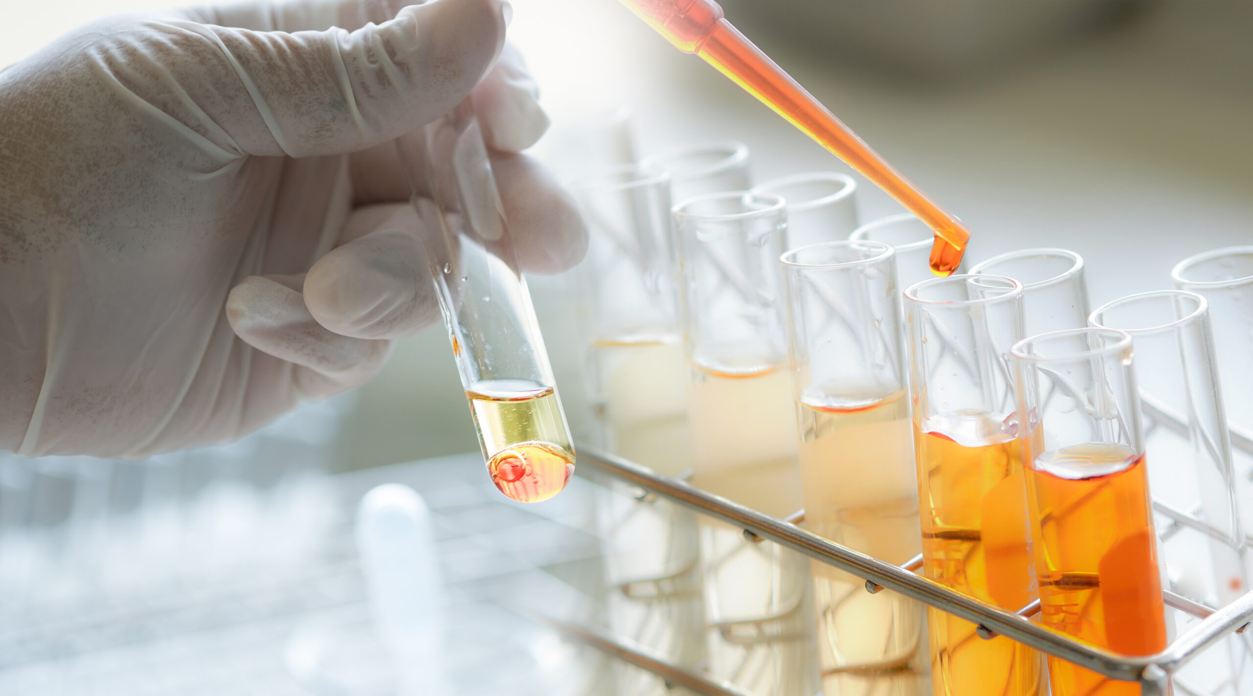 Closeup of scientist hand and test tubes for DNA library sequencing services