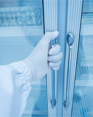 Image of the door of a laboratory freezer for Sample And Data Storage Policies page